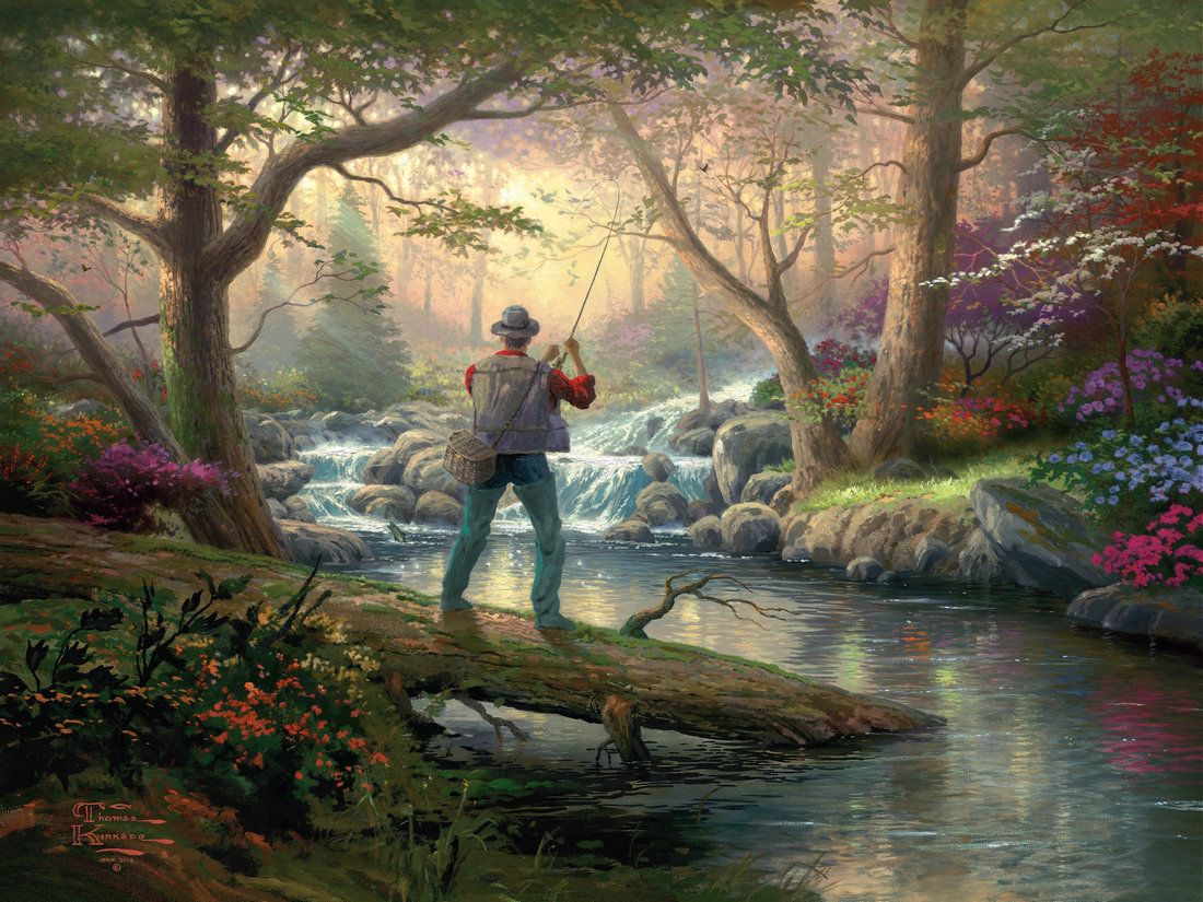 Thomas Kinkade Oil Paintings Art Forest Landscape Fishing HD Picture