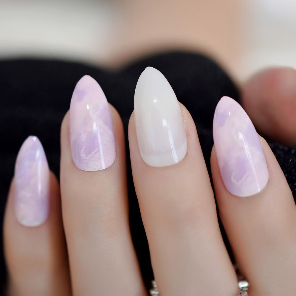 Hot Pink Purple White Jade Marble Color Fake Nail Stiletto Sharp Top Hot Pink Purple White Jade Marble Color Fake Nail Stiletto Sharp Top