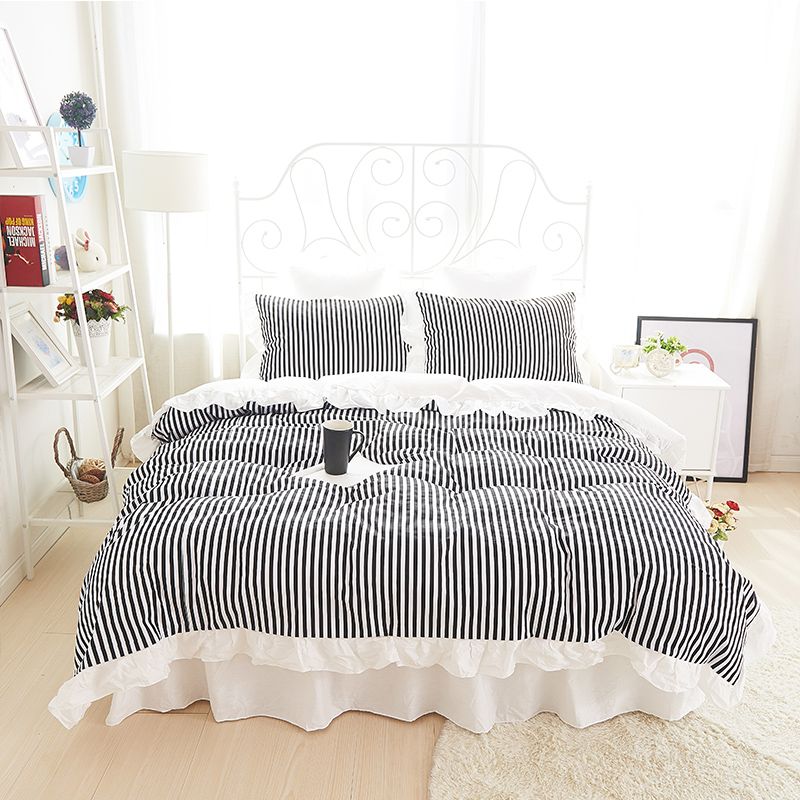 2018 Fresh Green Stripe Korean Bedding Set Bed Skirt Princess Style 2018 Fresh Green Stripe Korean Bedding Set Bed Skirt Princess Style 100 Cotton Girls Twin Queen King Size Duvet Covers Linen Canada From Hymen