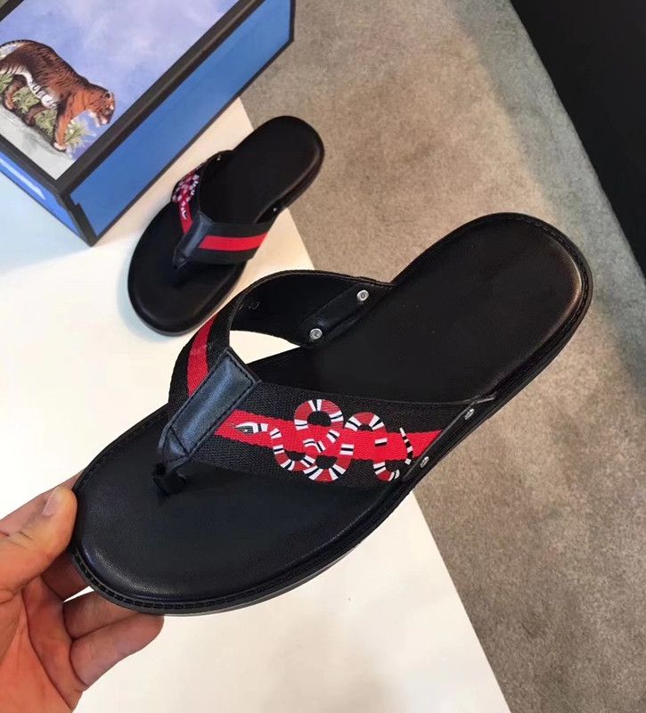 Summer Brand Designer Genuine Leather Slippers Snake Print Men Soutdoor Beach Flip Flops Op