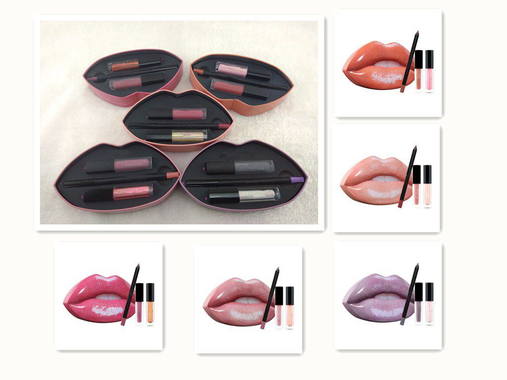 Hot Sale Stock Beauty Strobes Lip Gloss Set 5 Color Tin Box Liquid Lipstick Lip Contour Liner Pencil Collection Matte Lipgloss Kit Free Ship