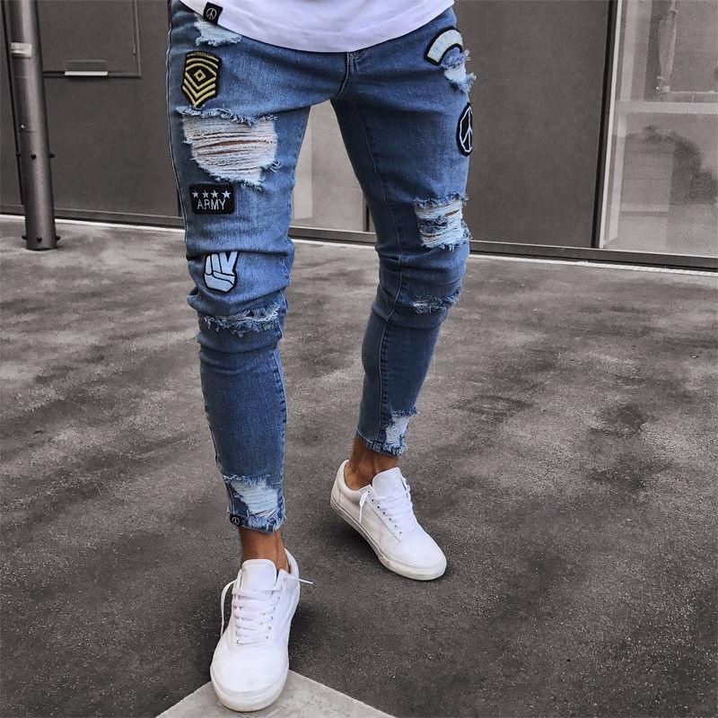 2019 2 style men ripped skinny biker jeans destroyed frayed print embroidery slim fit denim pant jean from buffeet 30 69 dhgate com - immagini buffe fortnite