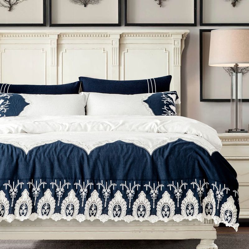 Ivarose Princess White Blue Bedding Set Luxury 4 Lace Duvet Cover Ivarose Princess White Blue Bedding Set Luxury 4 Lace Duvet Cover Bed Sheet Bedspread Bedclothes Cotton Linen Queen King Elegant Black And