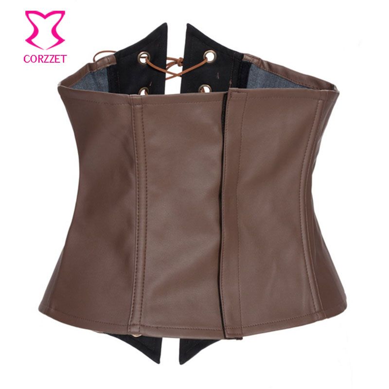 2020 Brown Leather Corset Underbust Gothic Spartilho Latex Waist