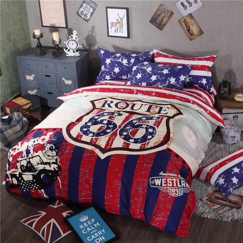 Whole Fashion American Style Queen Size Bedding Set Cotton Duvet Whole Fashion American Style Queen Size Bedding Set Cotton Duvet Cover Route 66 Pattern Printed Bedlinens Flat Sheet Pillow Cases California King