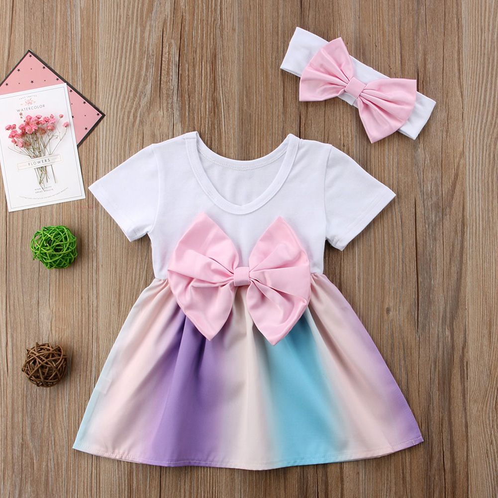 Summer Baby Girl Rainbow Dress Bowknot TuTu Dresses with Headband Set