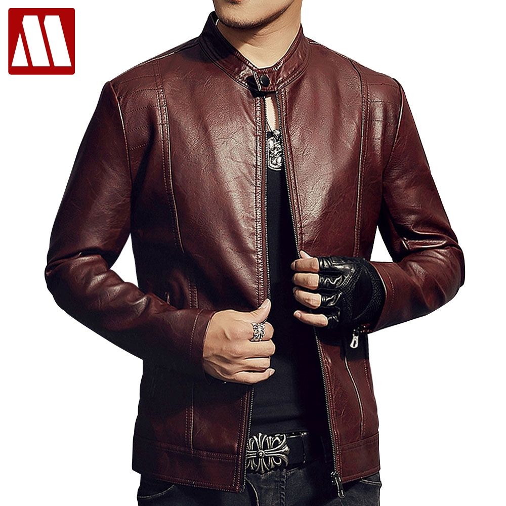 New 2018 Men S Red Leather Jacket Autumn Winter Slim Fit Pu Moto Coat With Hair Warm Male Fahion Stand Collar Black Outwear