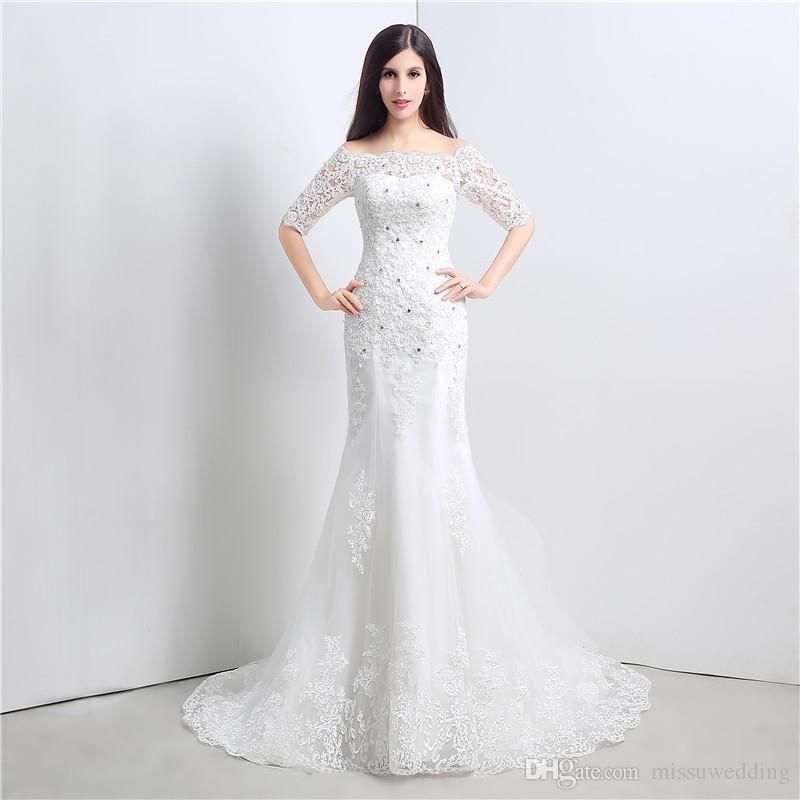 Half Long Sleeves Wedding Dresses Boat Neck Mermaid Lace Appliques