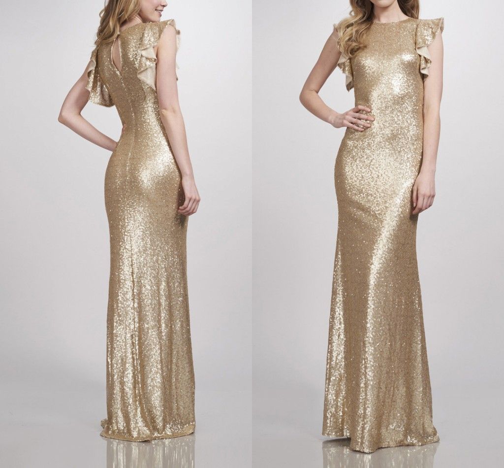 Matte Gold Sequins Bridesmaid Dresses Crew Mermaid Bridesmaid Dress