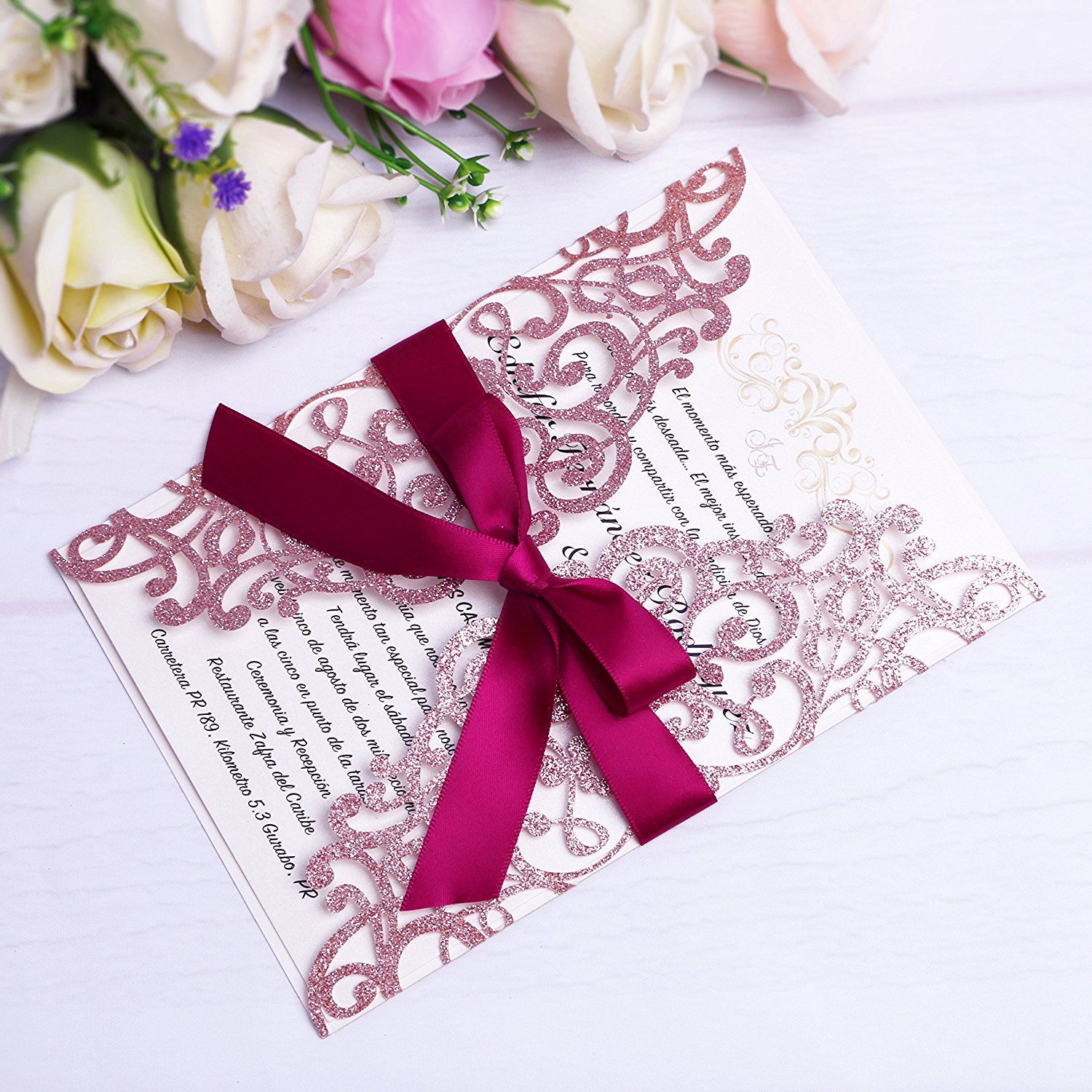rose gold glitter laser cut invitations cards with burgundy ribbons