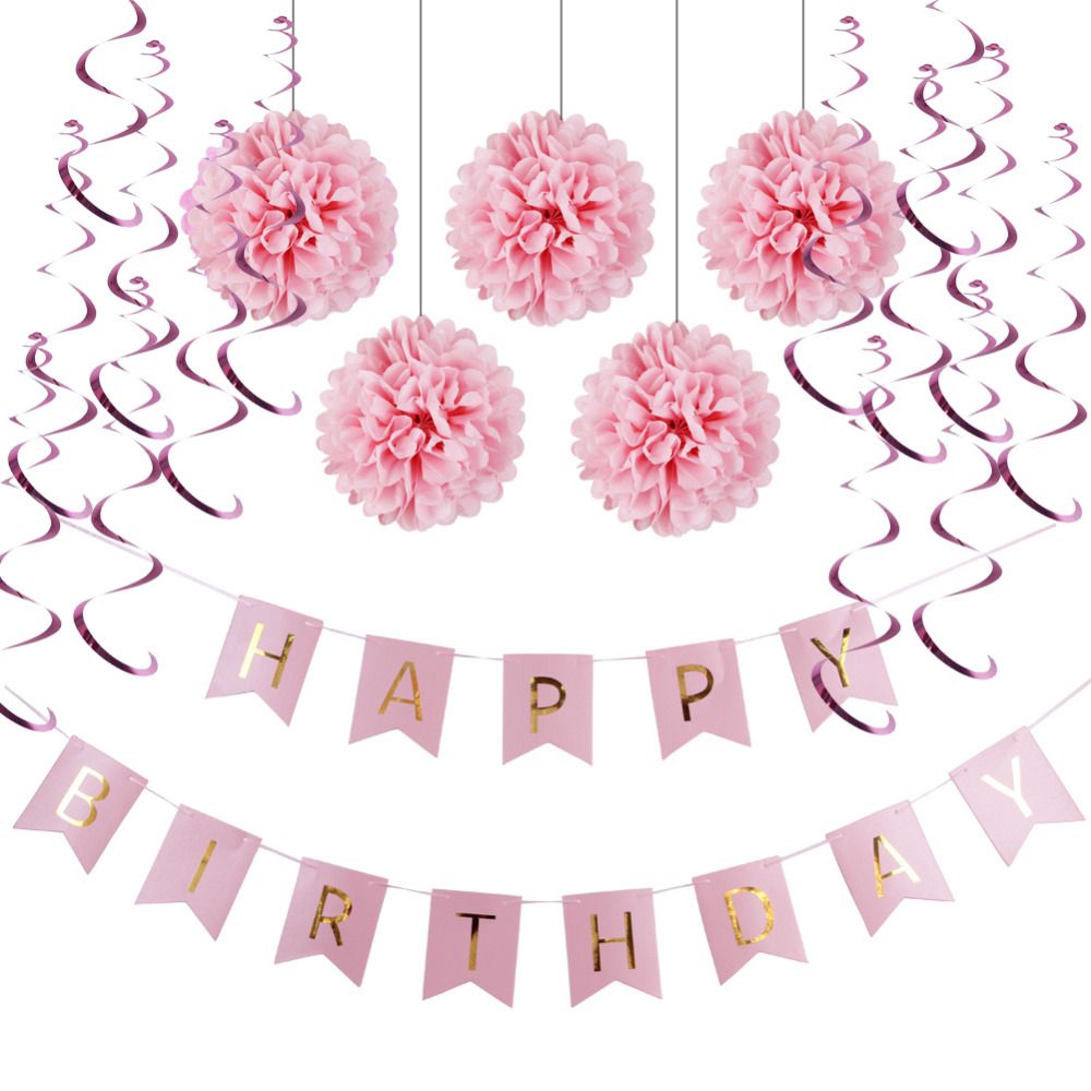 Pink Blue Paper Decoration Set Happy Birthday Banner Foil Swirls