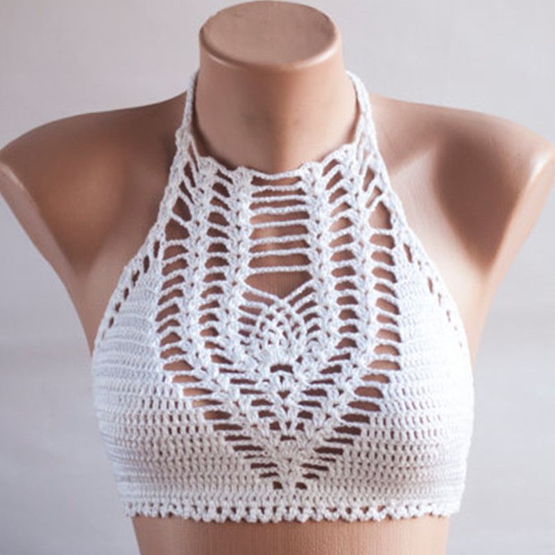 Crochet White Bikini Bustier Women Swimwear, Bikini, Top Swimsuit, Hand Crocheted Top