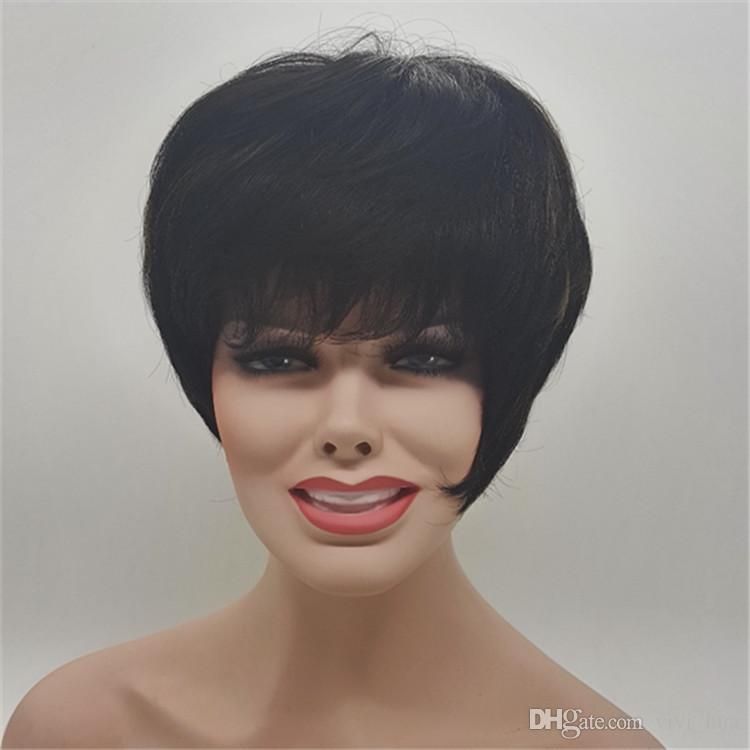 Black Fashion Short Straight Wig With Bangs Suitable For White
