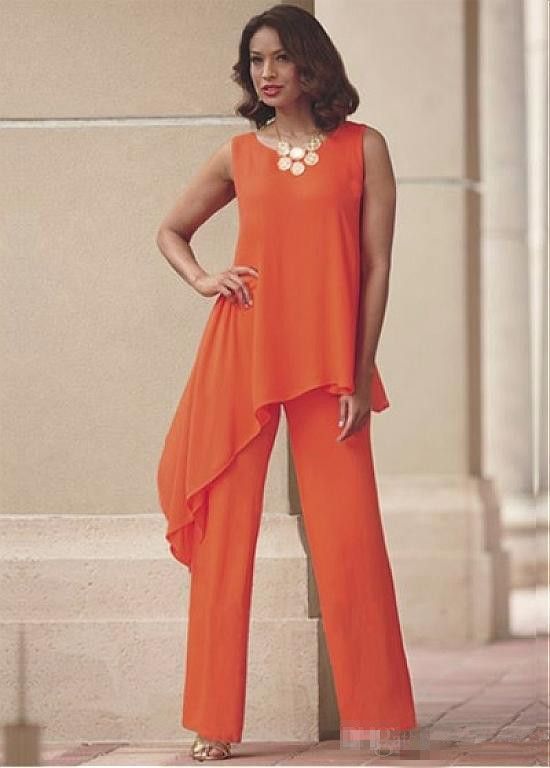 Orange Two Pieces Mother Of The Bride Pant Suits For Wedding Jewel Neck