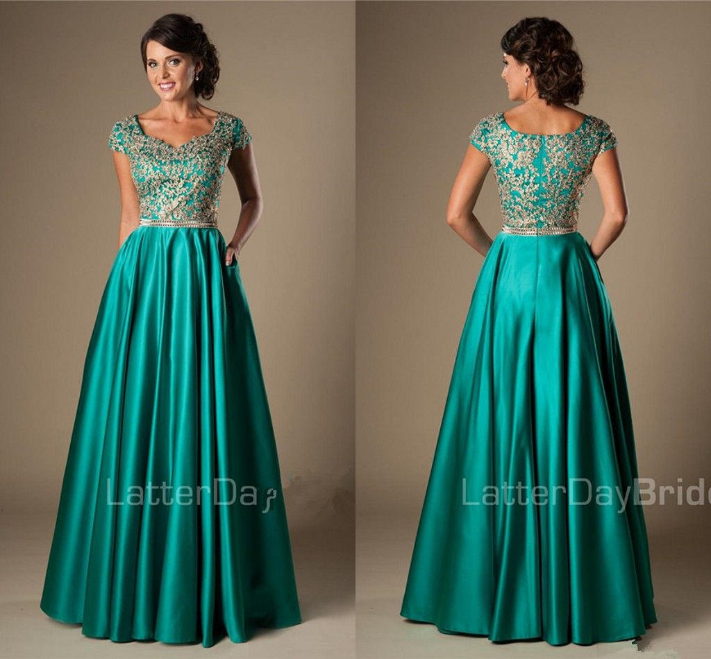 Turquoise Gold Appliques Modest Prom Dresses With Cap Sleeves Long A Line Floor Length College
