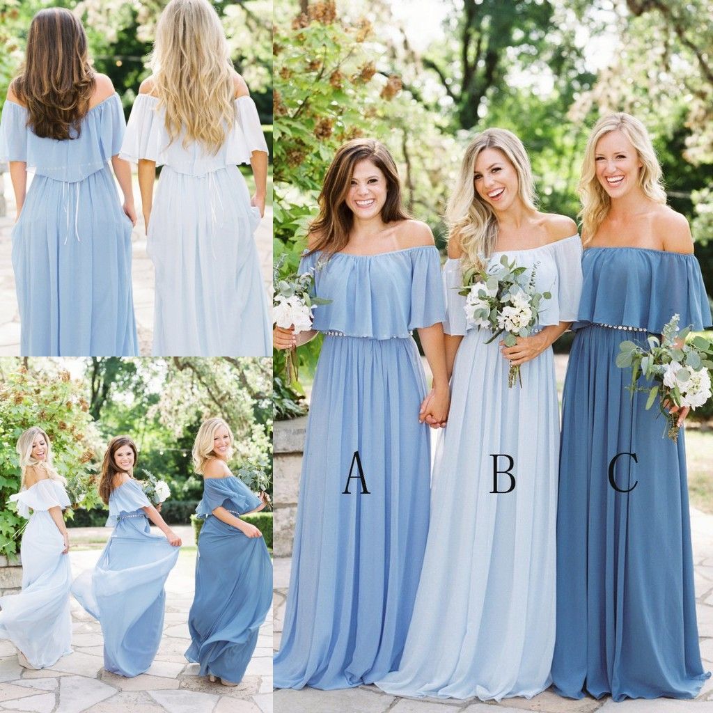 2018 Blue Country Bridesmaid Dresses A Line Off Shoulder Pleats