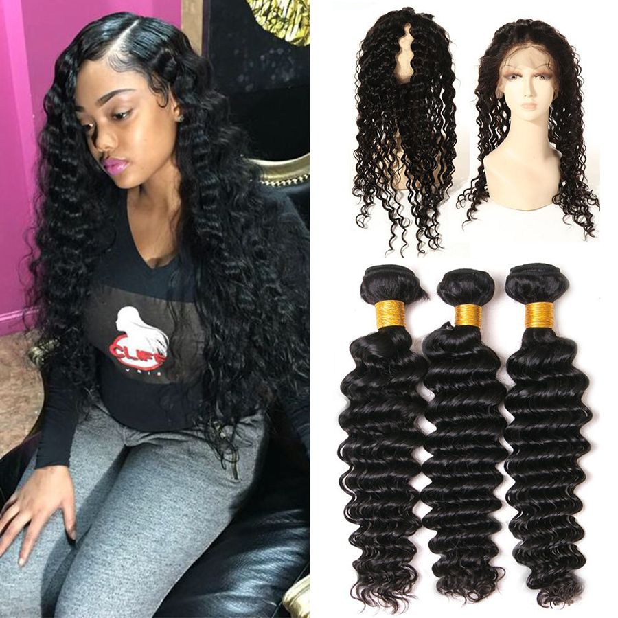 2019 7a Brazilian Virgin Hair Bundles Deep Wave Hair 360 Lace Frontal With 3 Bundles 100 Unprocessed Virgin Human Hair Extensions Dyeable Thick From