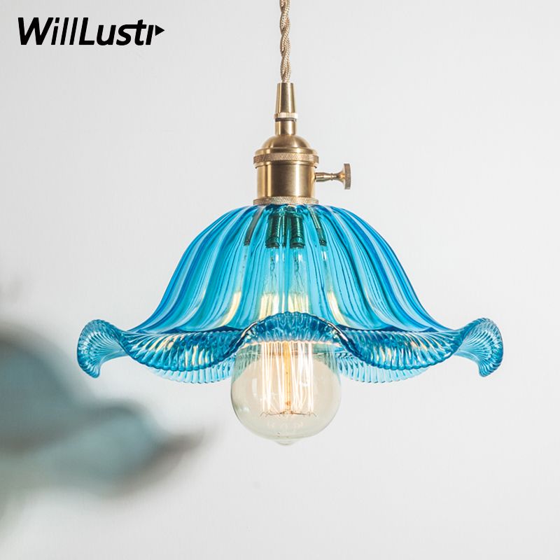 Nordic Vintage Crystal Color Pressed Glass Lotus Leaf Pendant Light Brass Lamp Home Dinning Room Hotel Restaurant