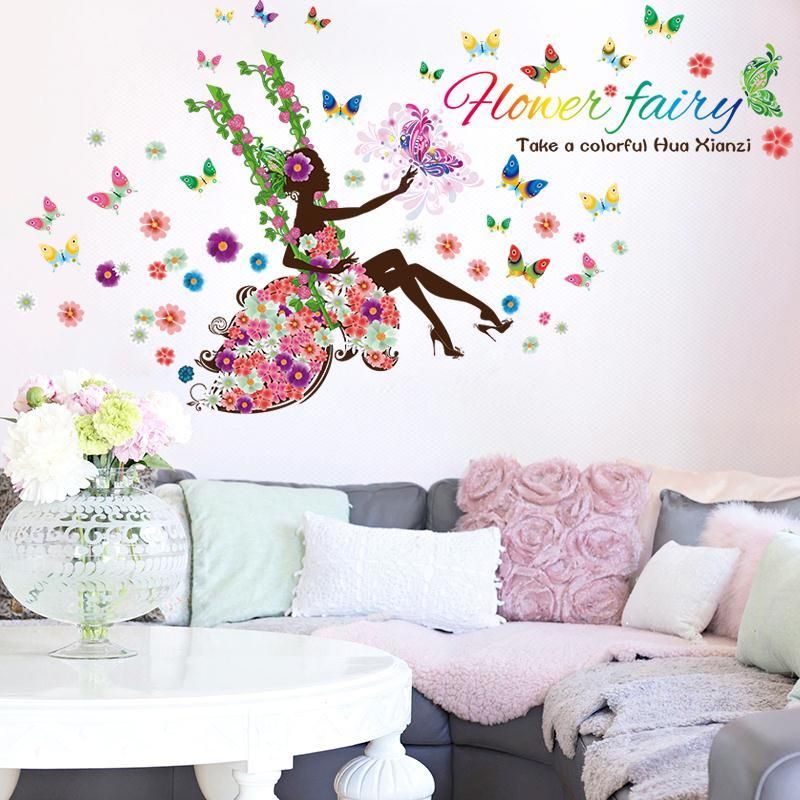 diy wall art decal decoration fashion fairy flower girl wall sticker