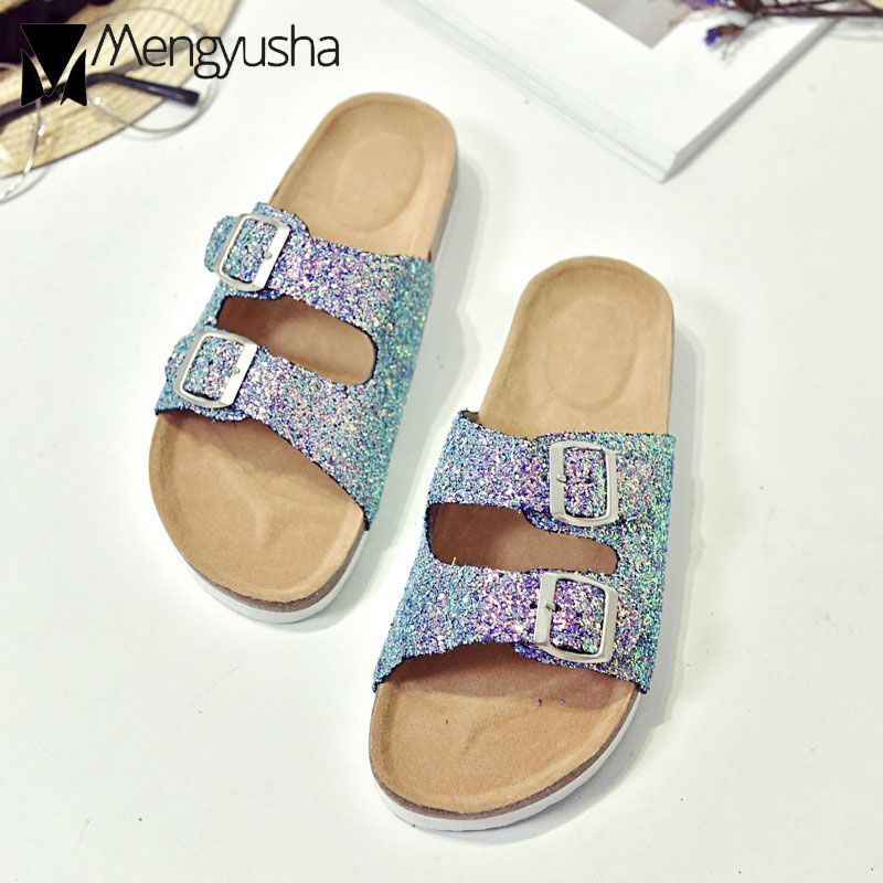 Mujer Estrecha Señora Zapatillas Hebillas Corcho Banda Bling Feminina Sandalias Purpurina Chanclas Verano Dos De Playa nwN80vm