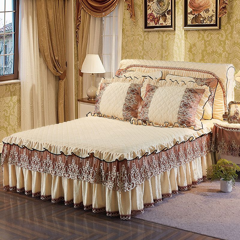 Beige Blue Pink Light Green Khaki Luxury Lace Bedding Bed Skirt Set Beige Blue Pink Light Green Khaki Luxury Lace Bedding Bed Skirt Set Crystal Velvet Thick Bedspread Linen Pillowcase Brown Bedskirt With Ruffles