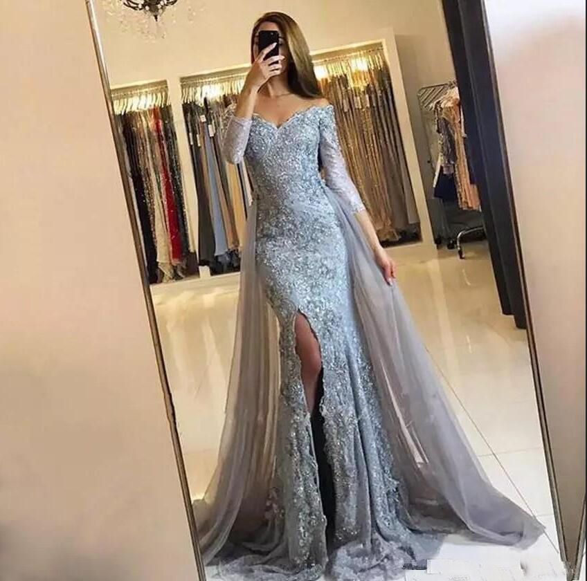 long sleeve grey prom dress