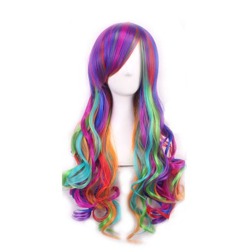 New Long Rainbow Colors Wavy Curly Lolita Hair Full Wig Cosplay Party Costume Us