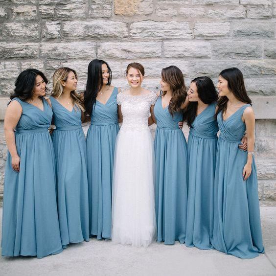 Country Dusty  Blue  Maid Of Honor Dresses  For Weddings  V 
