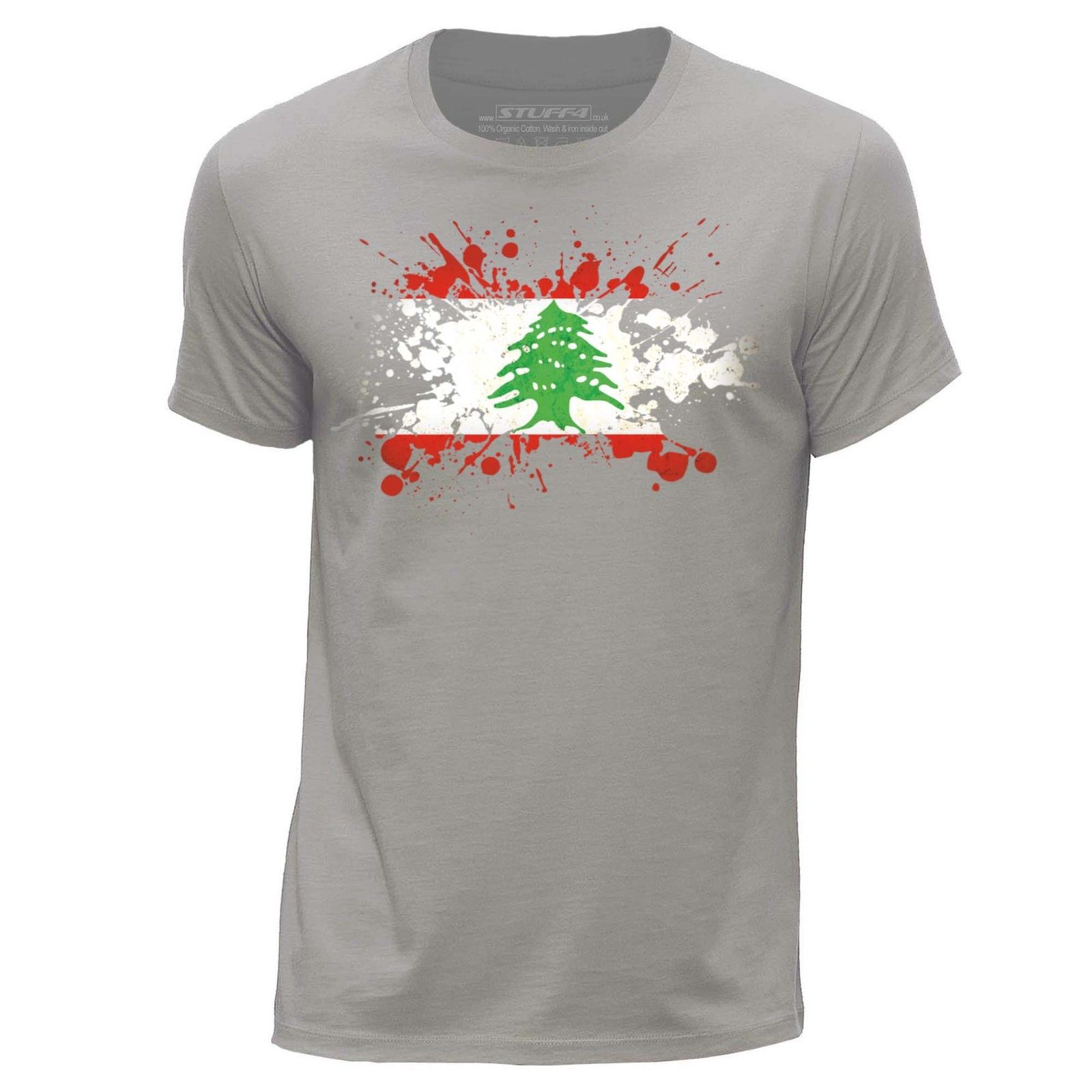 STUFF4 Men'S Light Grey Round Neck T Shirt/Lebanon/Lebanese Flag Splat