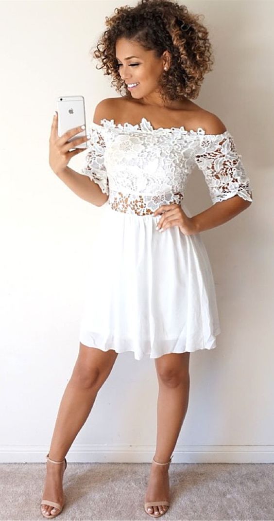 2018 White Lace Short Cocktail Prom Dresses Off The Shoulder Chiffon Two Pieces Short Sleeves