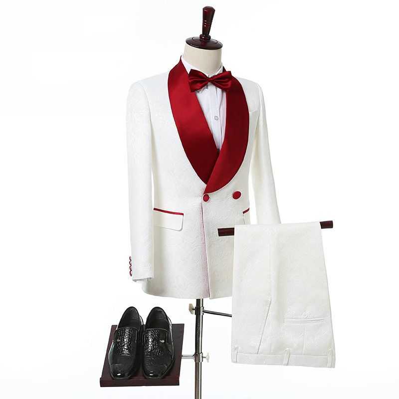 신랑 빨간 목도리 옷깃 두 조각 맞춤 제작 정장 남성 정장에 아이보리 더블 브레스트 웨딩 턱시도 자켓 + 바지