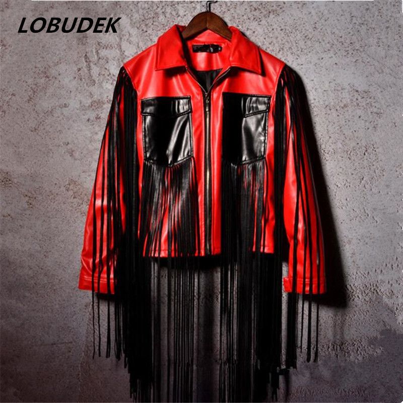 Pu Leather Male Jacket Coat Nightclub Bar Dj Ds Stage Costumes Red Pu Leather Male Jacket Coat Nightclub Bar Dj Ds Stage Costumes Red Black Tassels Outerwear Blazer Rock Jazz Show Clothes Man Vintage