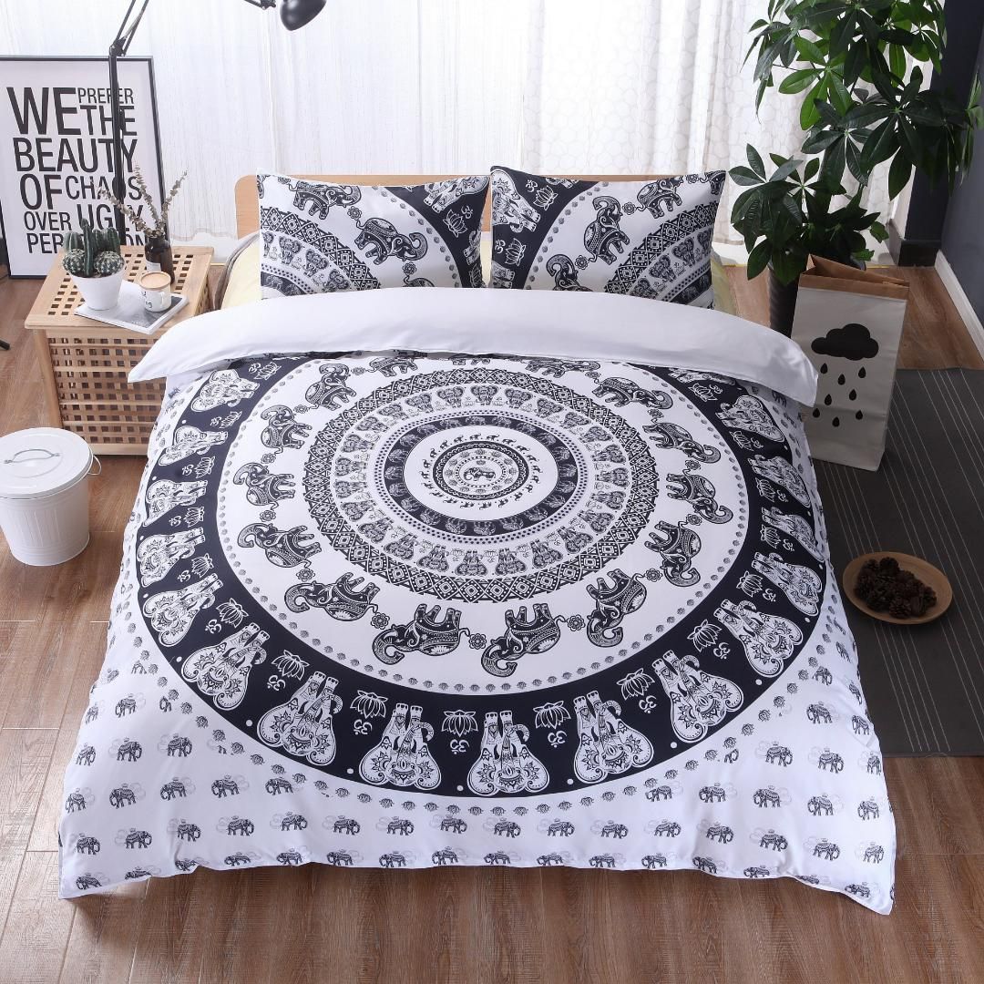 3d Bedding Set King Size Elephant Print Duvet Cover Mandala Pattern White Black Bedspread Bed Home Decor Free