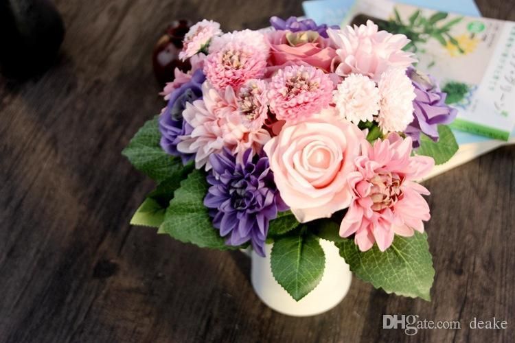 2019 Wholesale Silk Flower Wedding Bouquet Roses Dahlias Artificial