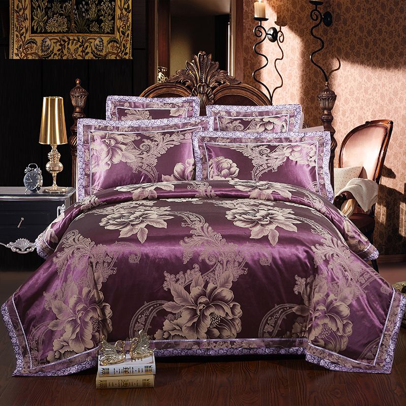 2018 Luxury Silk Cotton Turquoise Satin Jacquard Wedding Bedding Sets 4 6pcs King Queen Size Duvet Cover Bed Linen Set