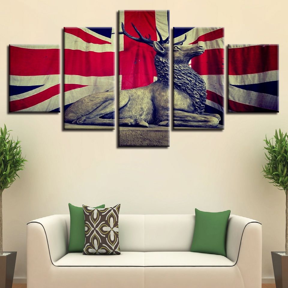 Modern Framework Hd Printed Pictures Living Room Home Decor 5 Pieces Uk Flag And Deer Canvas Paintings Wall Art Modular Posters