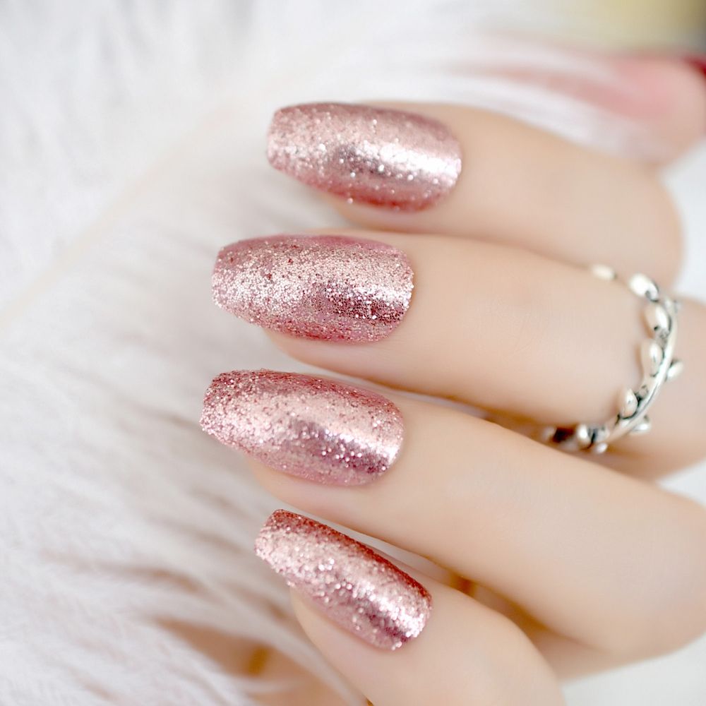 Shiny Rose Gold Fake False Nails Coffin Ballerina Nail Tips Shining