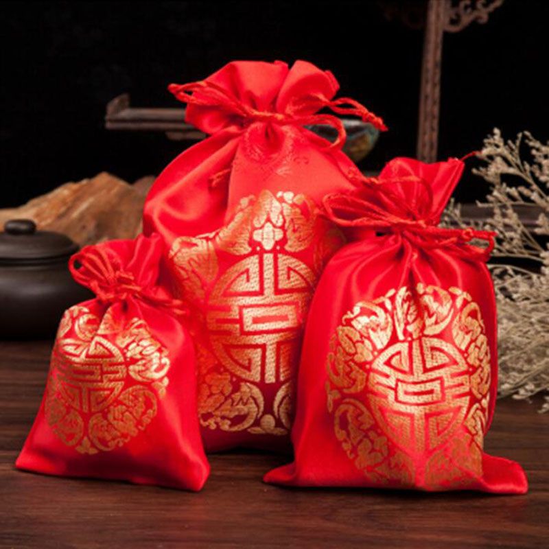 Red Double Happiness Drawstring Bags Candy Packaging Pouch Wedding