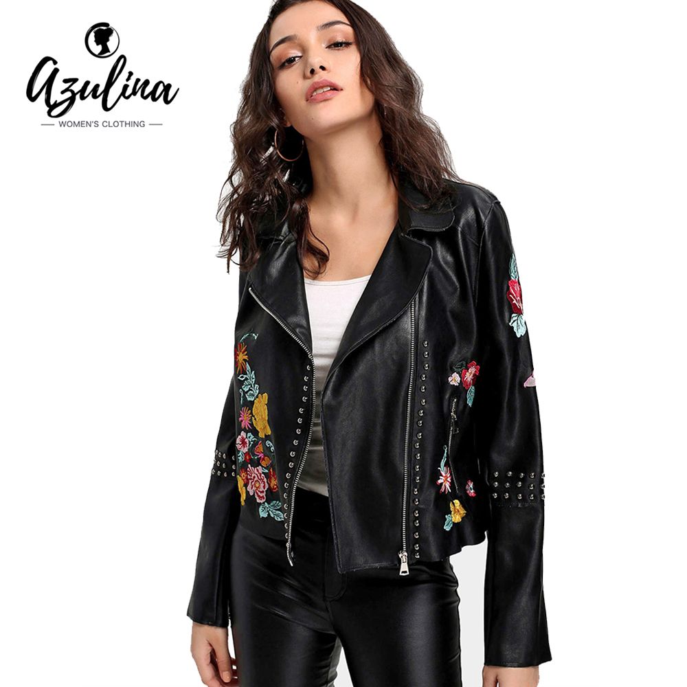 Azulina Studded Fl Embroidered Faux Leather Biker Jacket Autumn Winter Women Black Motorcycle Coat