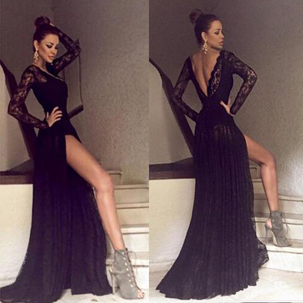 black lace long prom dress
