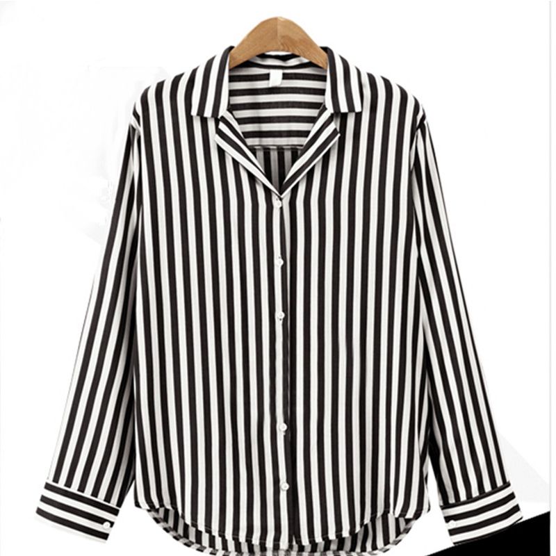 Women Black And Red Striped Shirt Turn Down Collar Long Sleeve Blouse ...