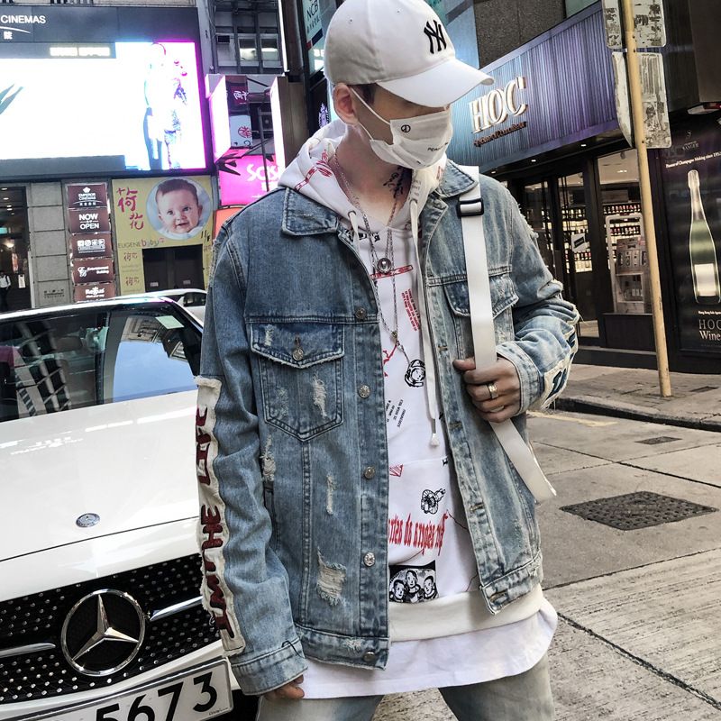 men s jacket autumn new cartoon stickers loose hip hop denim jacket