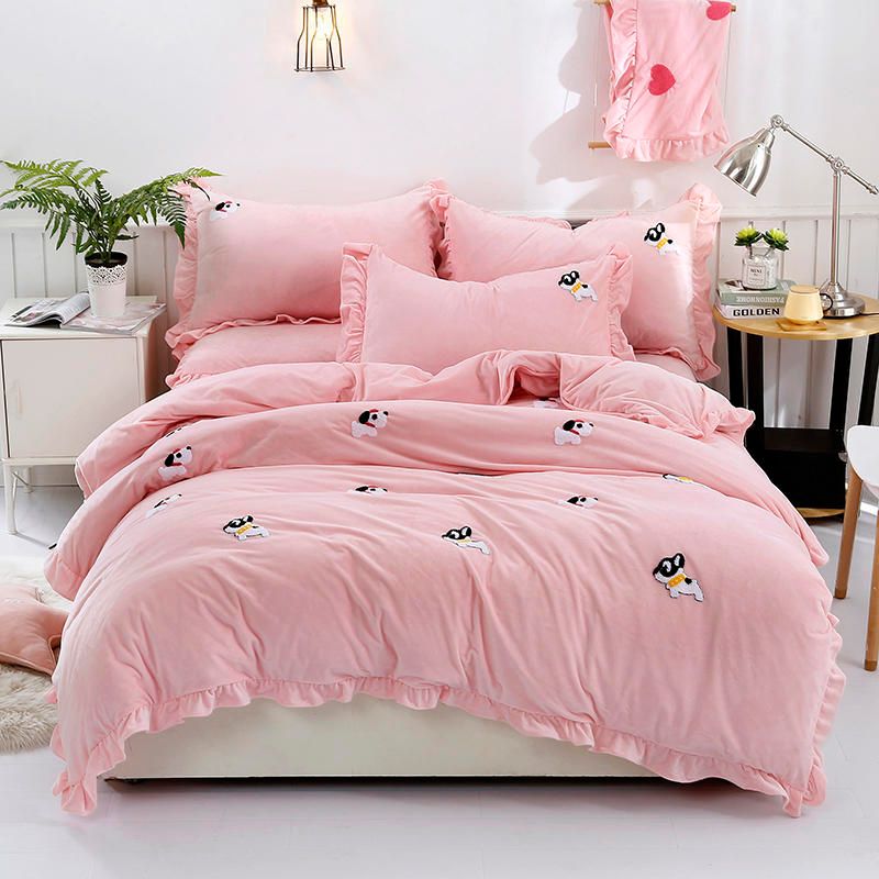 Yellow Grey Pink Bedding Set Fleece Warm Bed Sheet Queen King Size Duvet Cover Fitted Parrure De Lit Ropa Cama