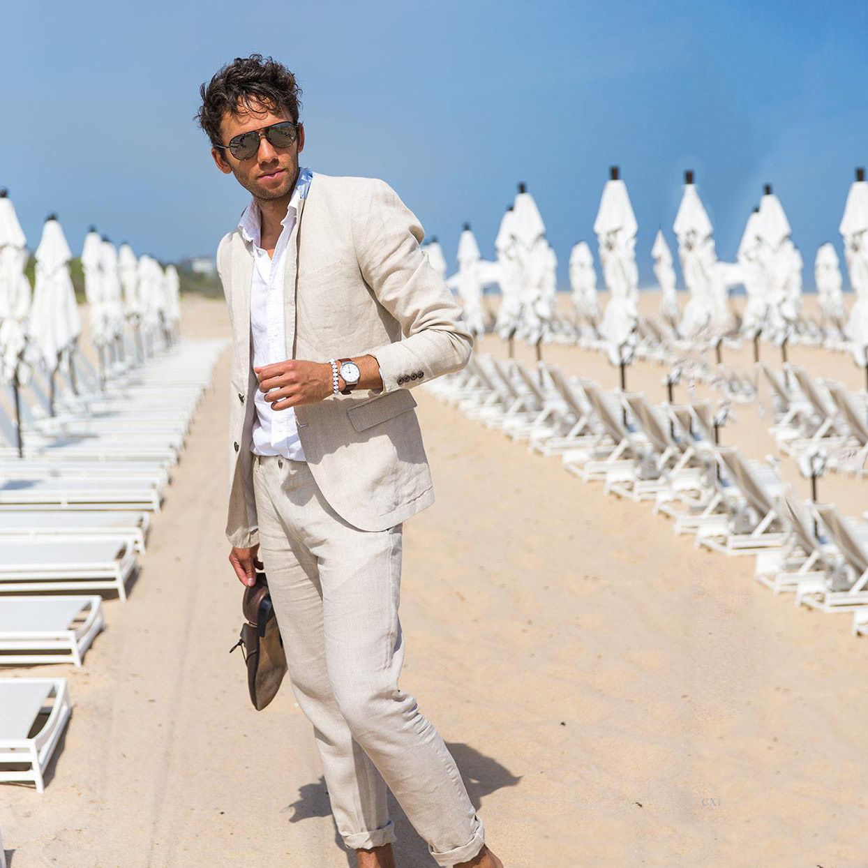 Custom Made Ivory Beige Summer Beach Wedding Linen Tuxedos Men Suits
