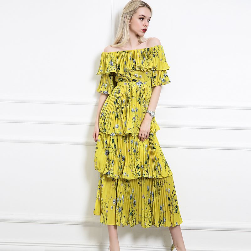 Summer Yellow Boho Dress 2019 Floral Print Pleated Women Chiffon Dress Off Shoulder Ruffle Short Sleeve Bohemian Long Dress