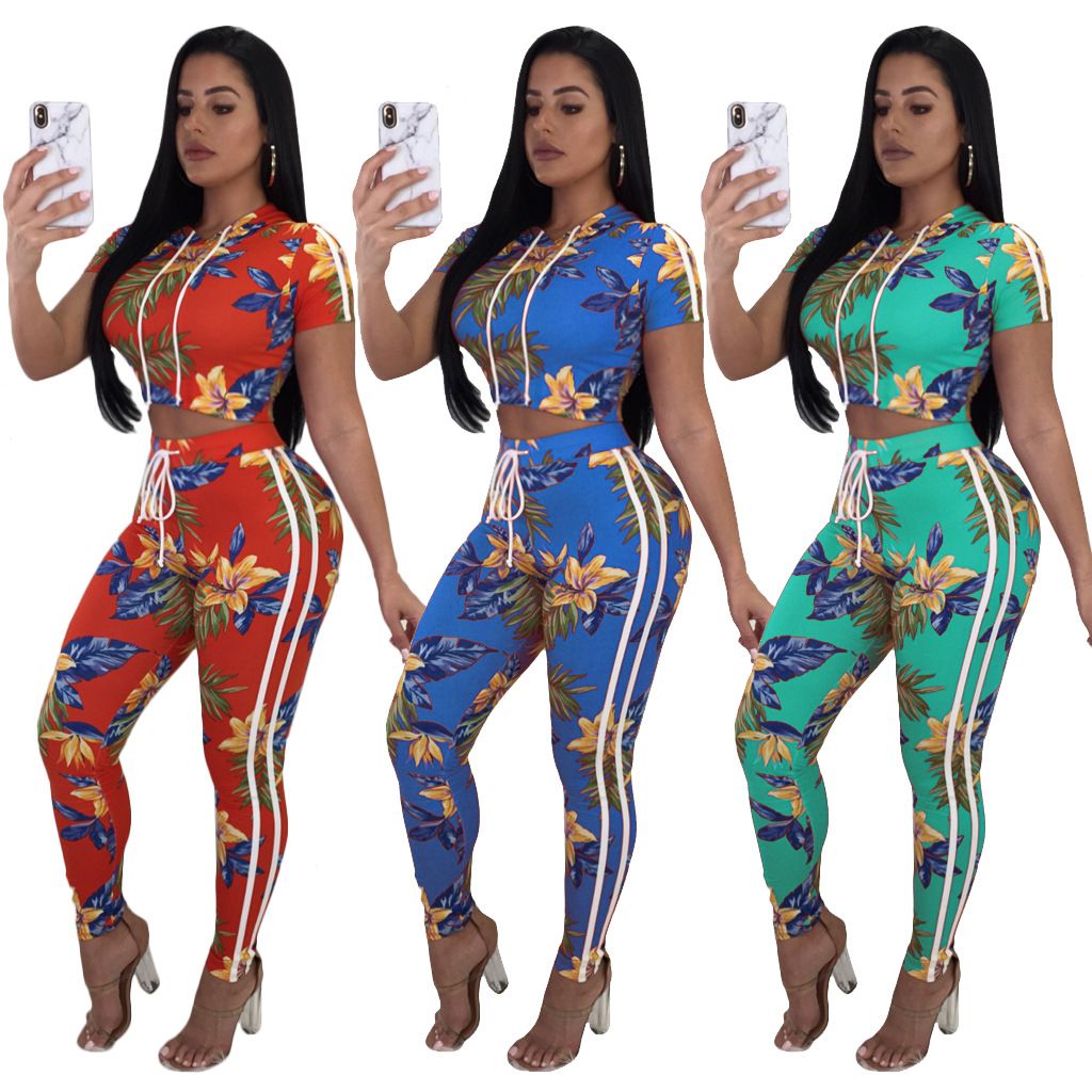 2021 Floral Casual Skinny Tracksuit Women Set Top And Pants Short ...