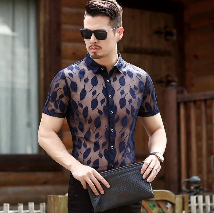 Compra 2018 Hombres De Verano Ver A Través De Las Camisas De Seda Hombres  Moda Fina Suave Manga Corta Camisas De Terciopelo Transparente Floral Negro  Azul S 2XL Barato | Entrega Rápida