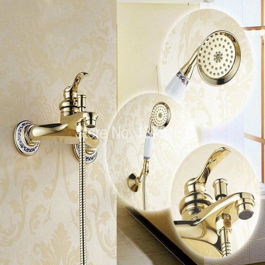 Gold Color Brass Wall Mounted Bathroom Single Handle Bathtub Faucet Tap Hand Held Shower Set With Bracket 1 5m Hose Atf404