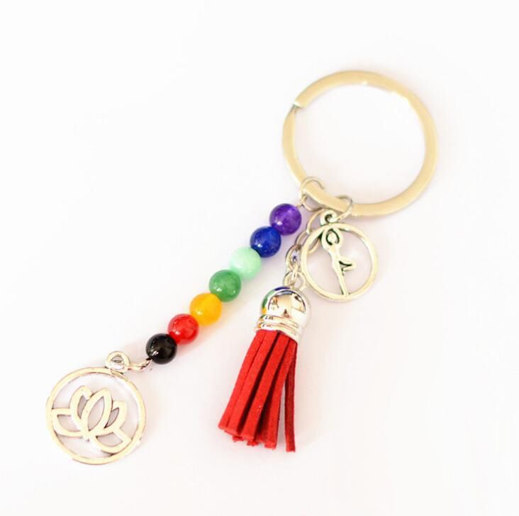 1pc Women Men Tassel Lotus 7 Chakra 8mm Beads Reiki Key Chain Ring Keychains 