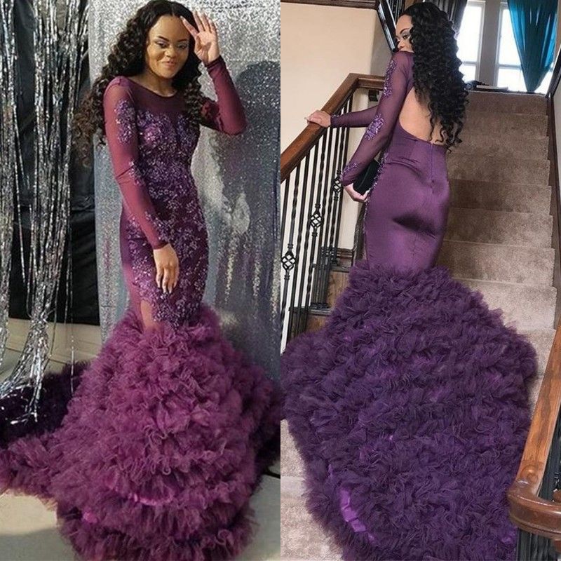 One Shoulder Purple Prom Dress Long Sleeve